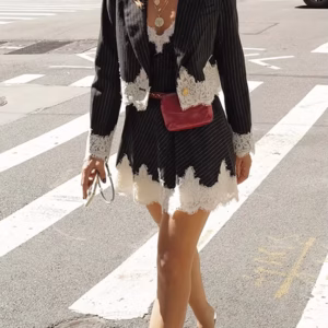 Casual Striped Patchwork Cardigan Top And Skirt Sets