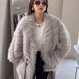 Casual Thick Camel Real Fox Fur Strip Oversize Loose Overcoat