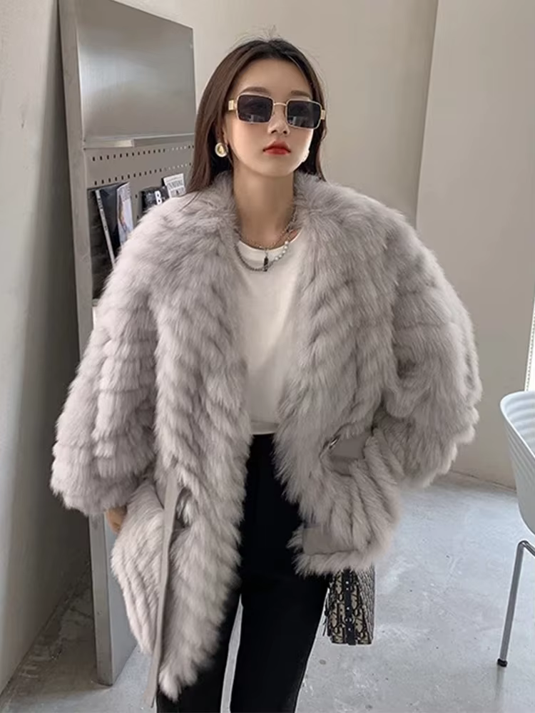 Casual Thick Camel Real Fox Fur Strip Oversize Loose Overcoat