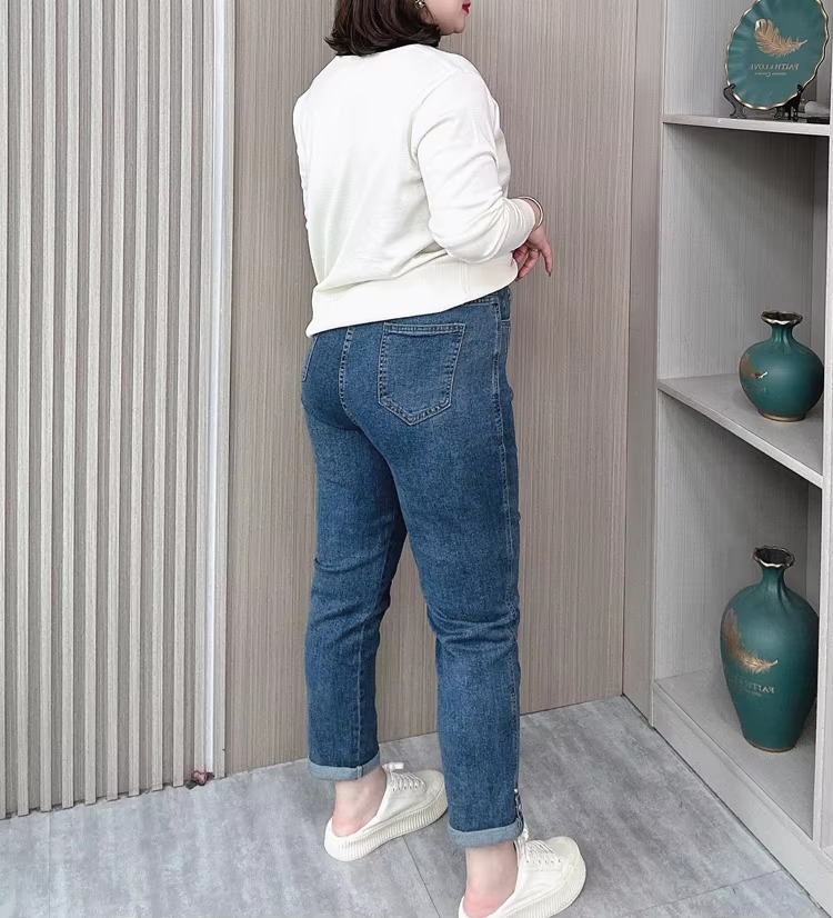 Casual Two Buttons High Waist Stretched Slim Plus Size Jeans - Image 5