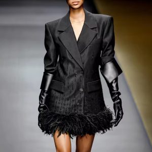 Chic Notched Collar Long Sleeve Solid Patchwork Feather Blazer