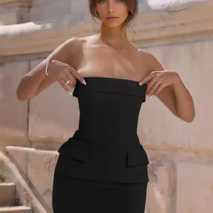 Chic Solid Color Strapless Zipper Sleeveless Raised Pencil Bodycon Dress