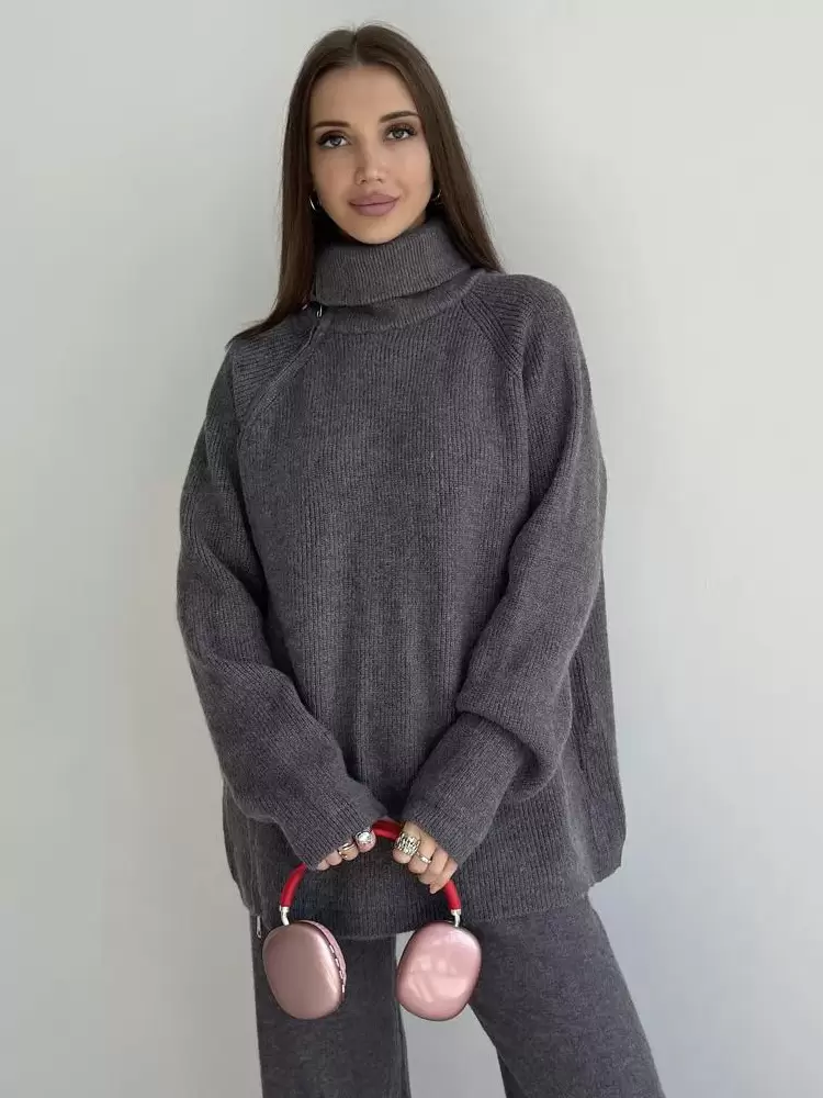 Chic Turndown Collar Long Sleeve Street Wear Chains Polyester Top Pant Set - Image 16