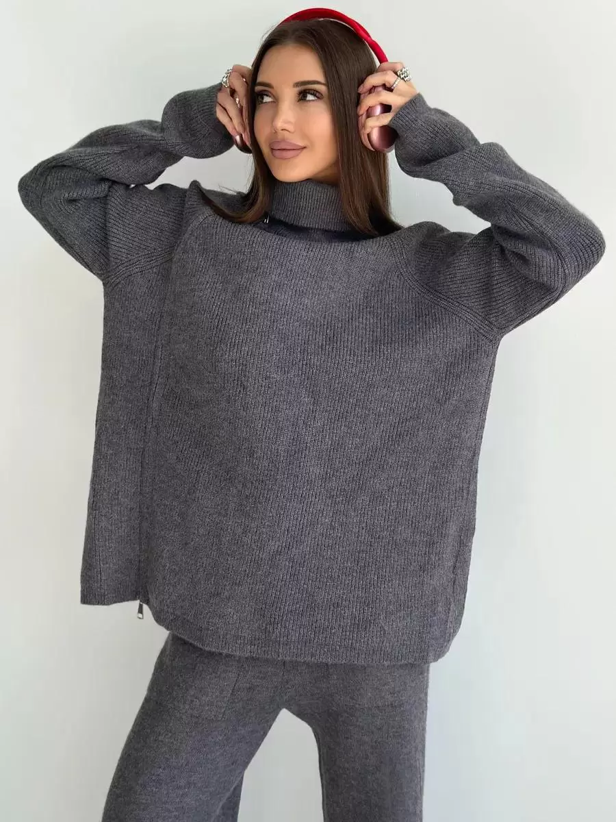 Chic Turndown Collar Long Sleeve Street Wear Chains Polyester Top Pant Set - Image 17