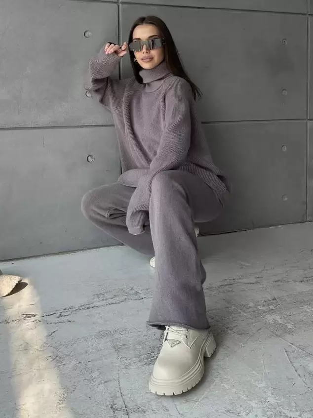 Chic Turndown Collar Long Sleeve Street Wear Chains Polyester Top Pant Set - Image 2