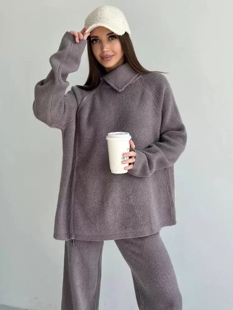 Chic Turndown Collar Long Sleeve Street Wear Chains Polyester Top Pant Set - Image 3