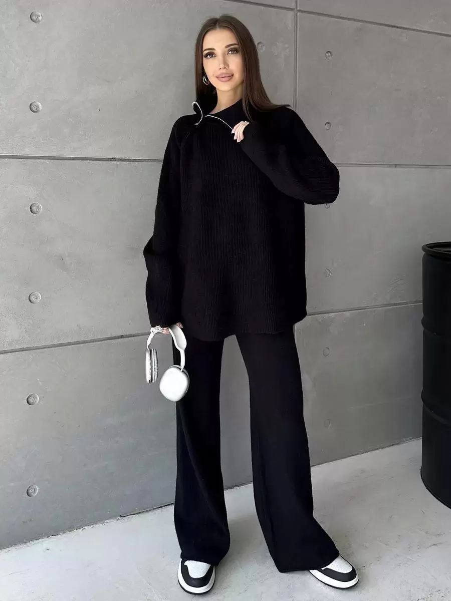 Chic Turndown Collar Long Sleeve Street Wear Chains Polyester Top Pant Set - Image 7