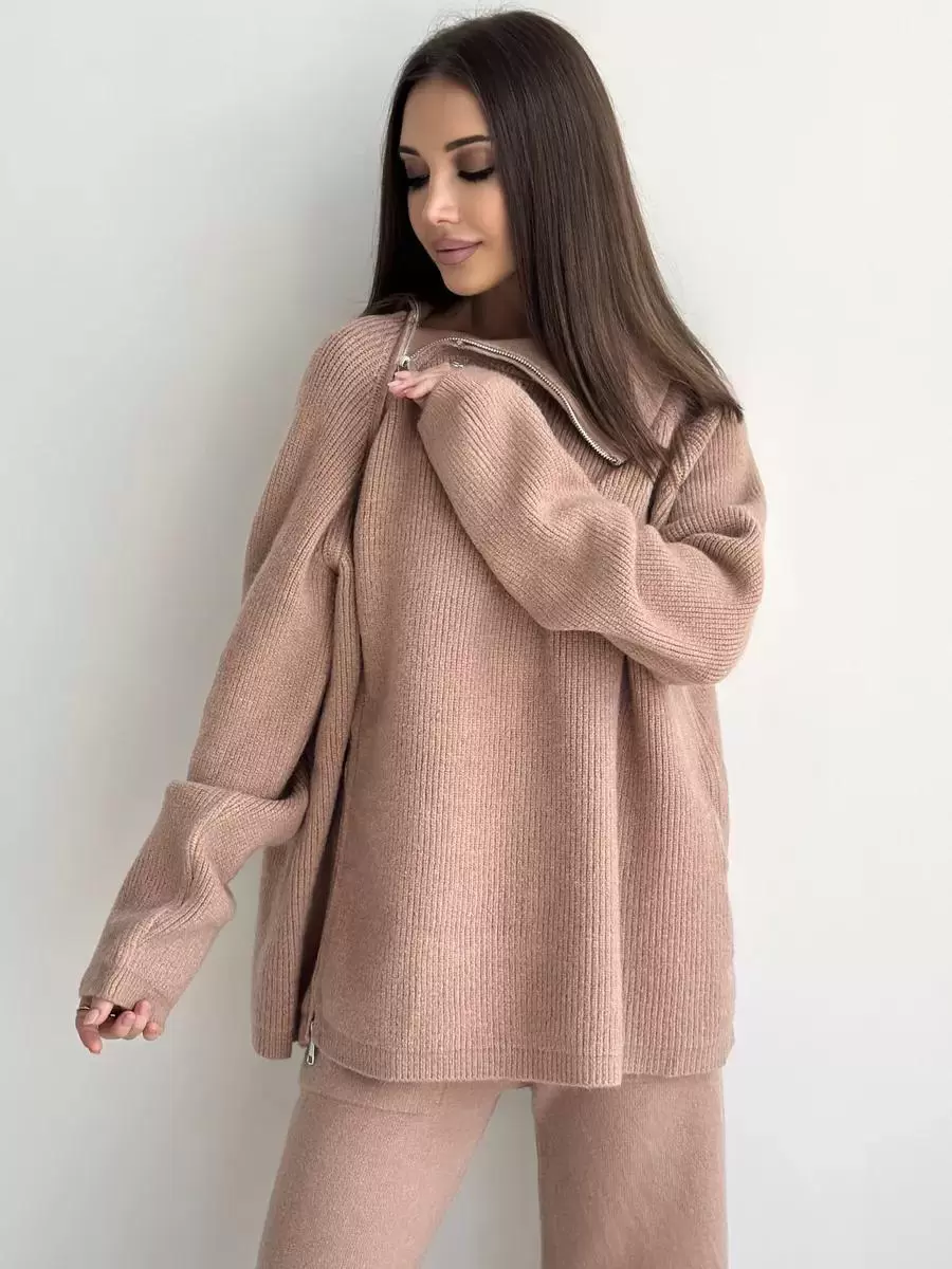 Chic Turndown Collar Long Sleeve Street Wear Chains Polyester Top Pant Set - Image 12