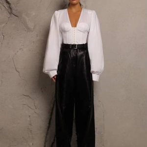 Classic V-Neck Lantern Sleeve Slim Shirts Streetwear