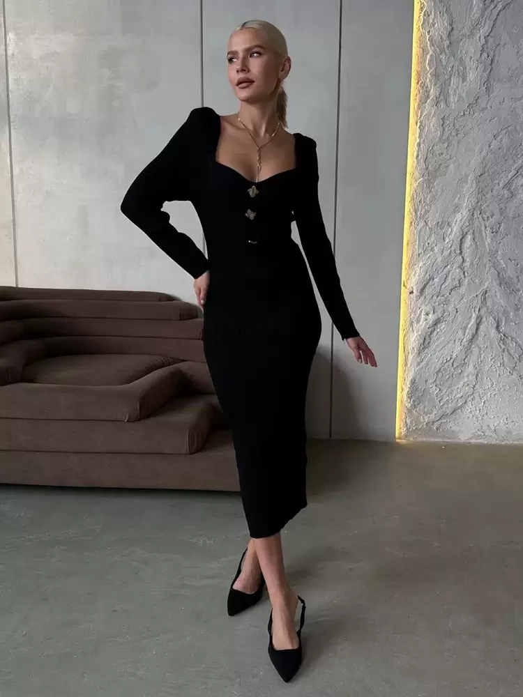 Elegant Comfy Buttons Square Neck Long Sleeves Polyester Knitted Dress - Image 9