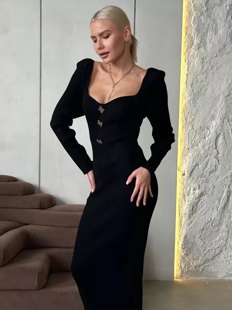 Elegant Comfy Buttons Square Neck Long Sleeves Polyester Knitted Dress - Image 10