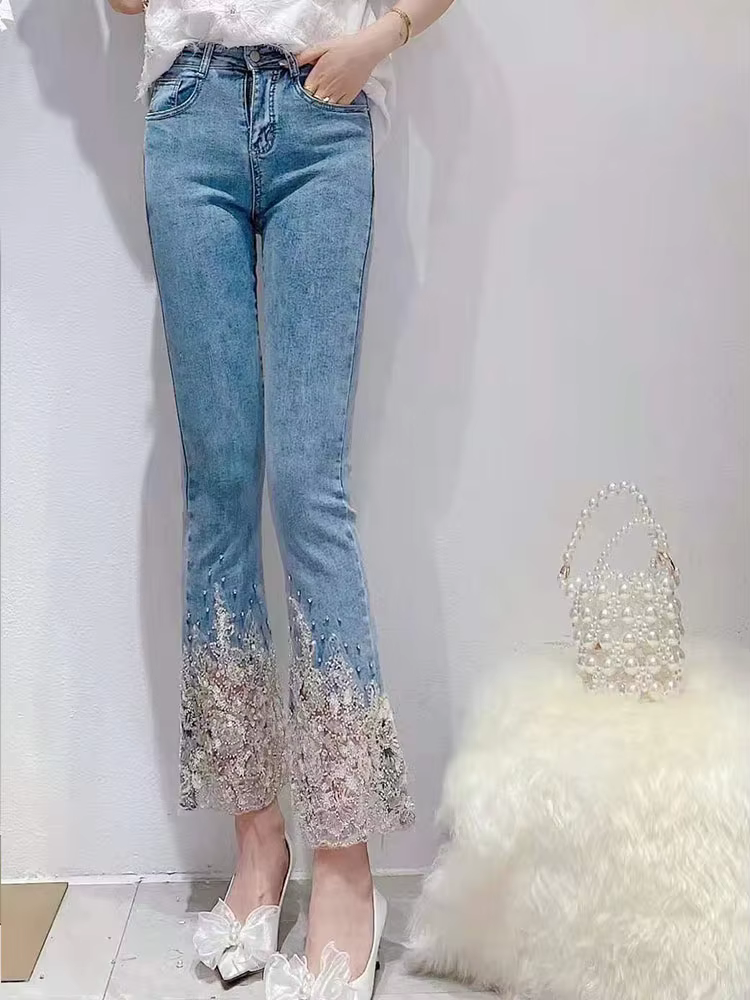 Court Style Heavy Industry Beads Cotton Sweet Stretch Slim High Waist Jeans - Image 3