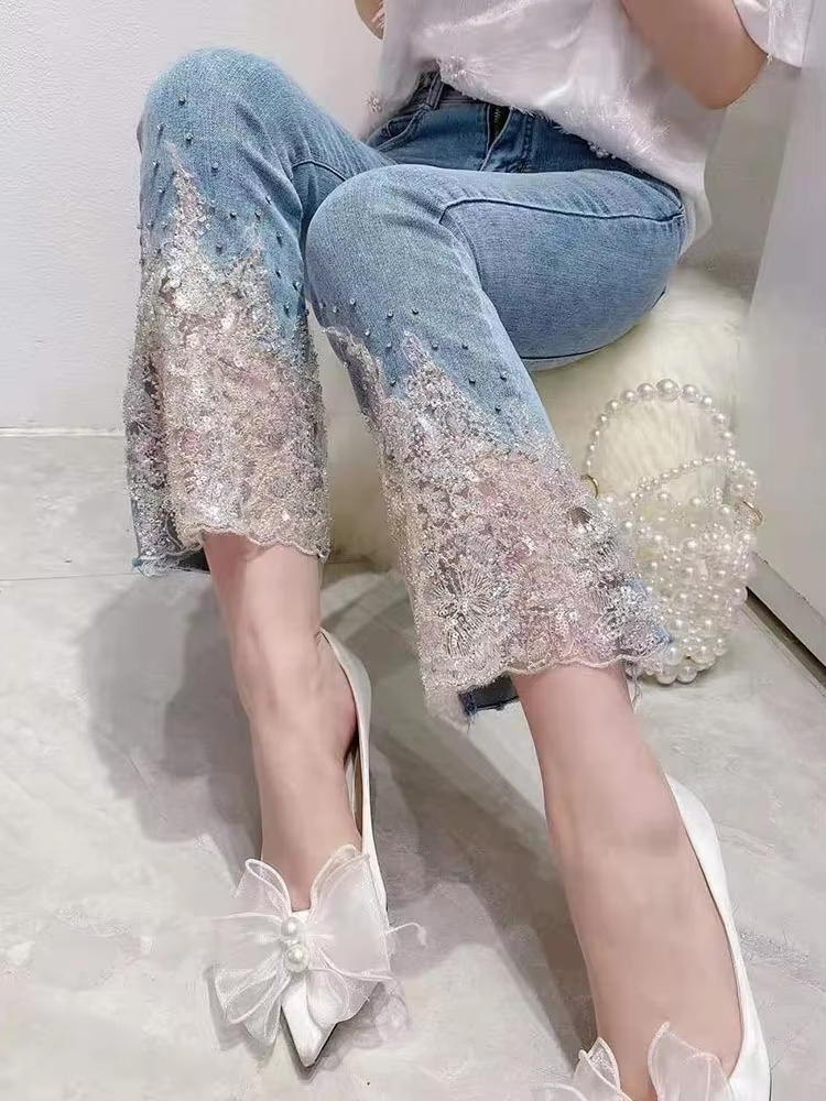 Court Style Heavy Industry Beads Cotton Sweet Stretch Slim High Waist Jeans - Image 4