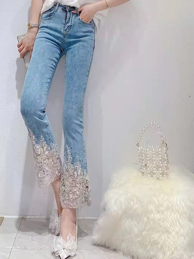 Court Style Heavy Industry Beads Cotton Sweet Stretch Slim High Waist Jeans