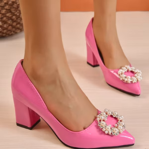 Pearl Crystals Buckle Patent Leather Pumps Officile Pointed Toe Square Heel Shoes