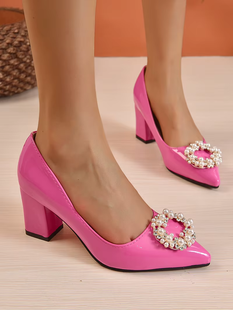 Pearl Crystals Buckle Patent Leather Pumps Officile Pointed Toe Square Heel Shoes
