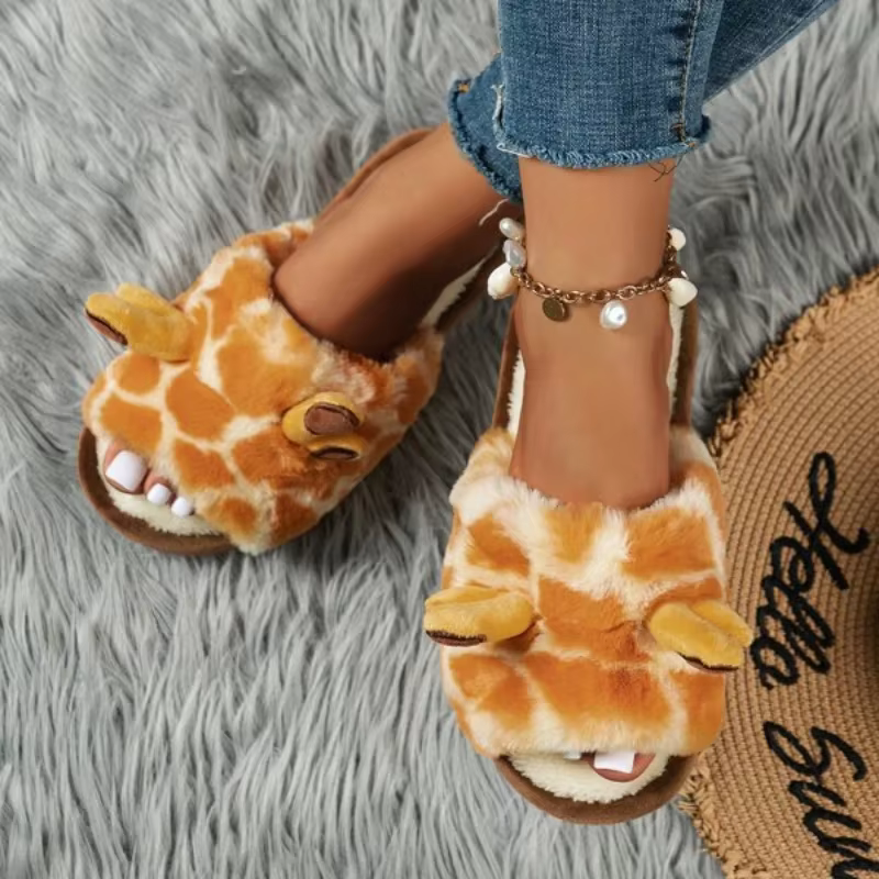 Cute Cartoon Giraffes Warm Faux Fur Lining Fluffy Flat Home Plush Slippers