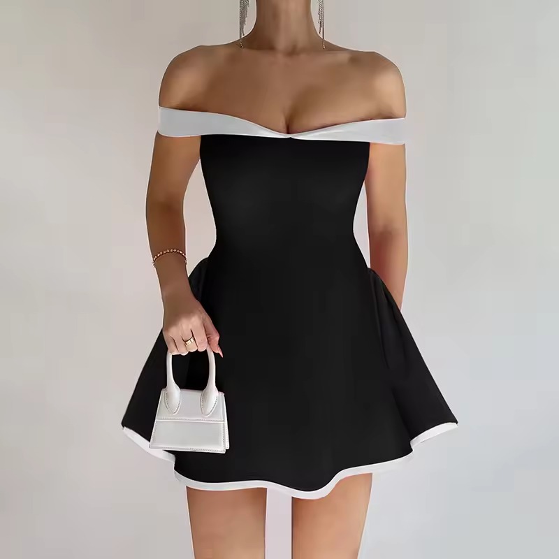 Elegant Backless Off-Shoulder Slim Contrast Color Mini - Image 3