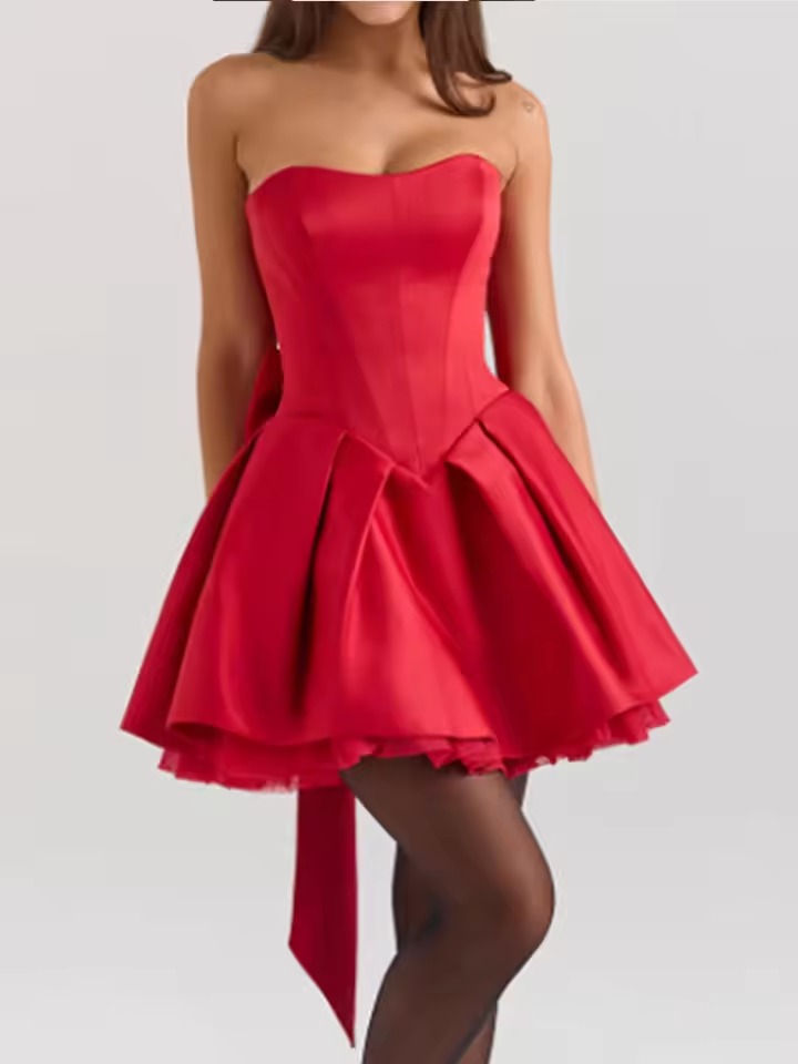 Elegant Backless Strapless High Waist Pleated A-line Bow Mini Dress - Image 4