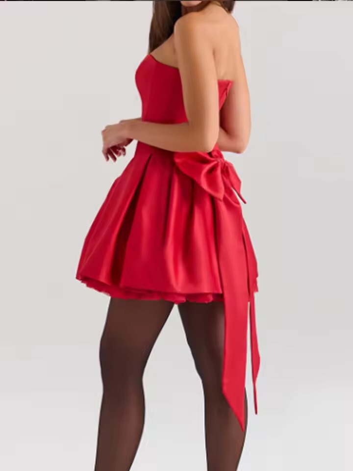 Elegant Backless Strapless High Waist Pleated A-line Bow Mini Dress - Image 6