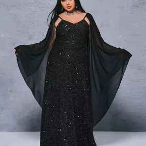 Elegant Bat Sleeve Sparkling Plus Size Birthday Party Maxi Dress