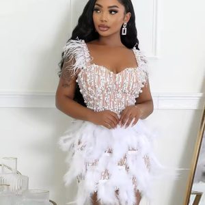 Elegant Bead Feather V-neck Waist Cinched Mini Dress