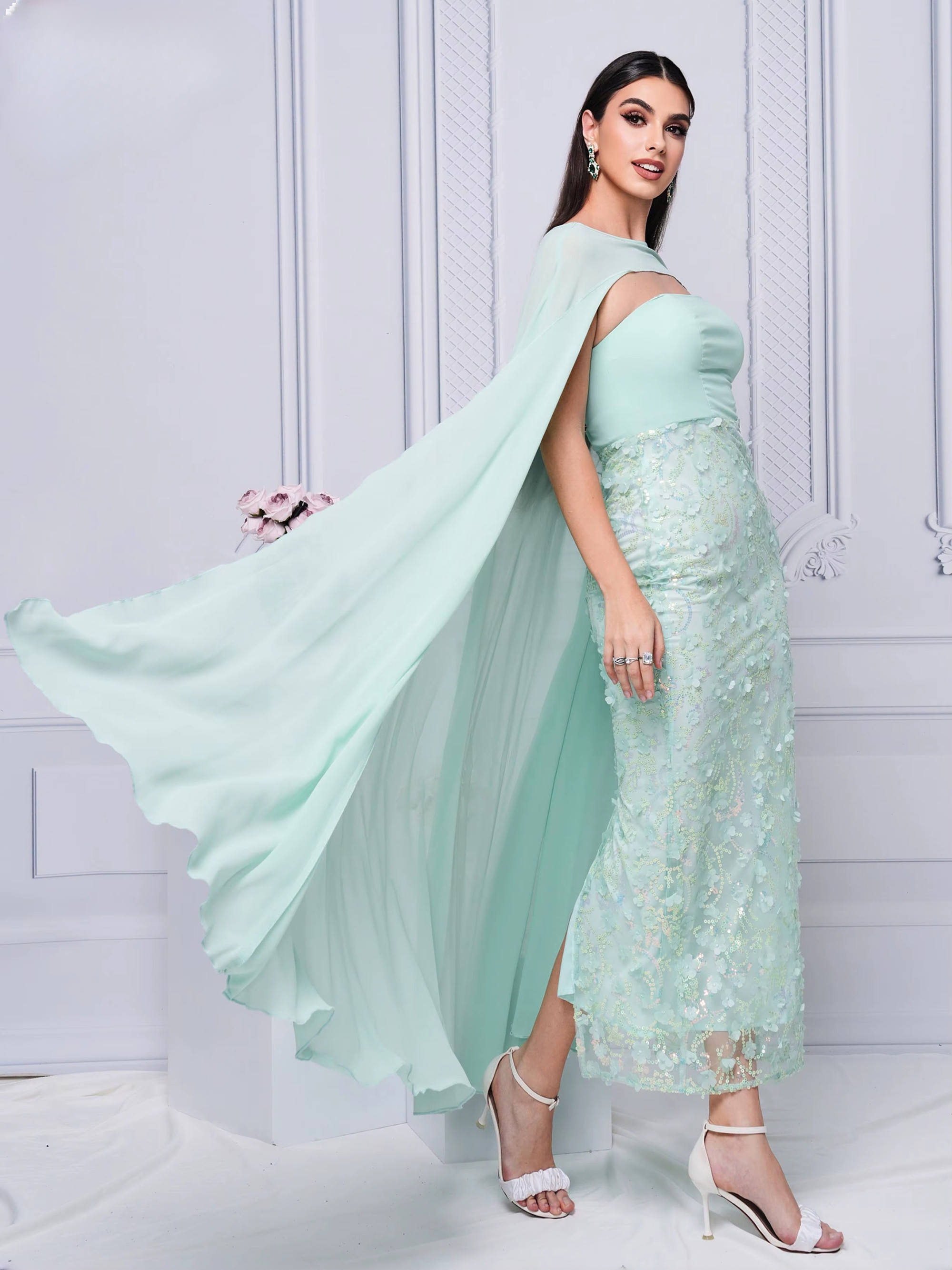 Elegant Beautiful Flowing Cape empire Waist Cocktail Prom Party Dress - Image 5