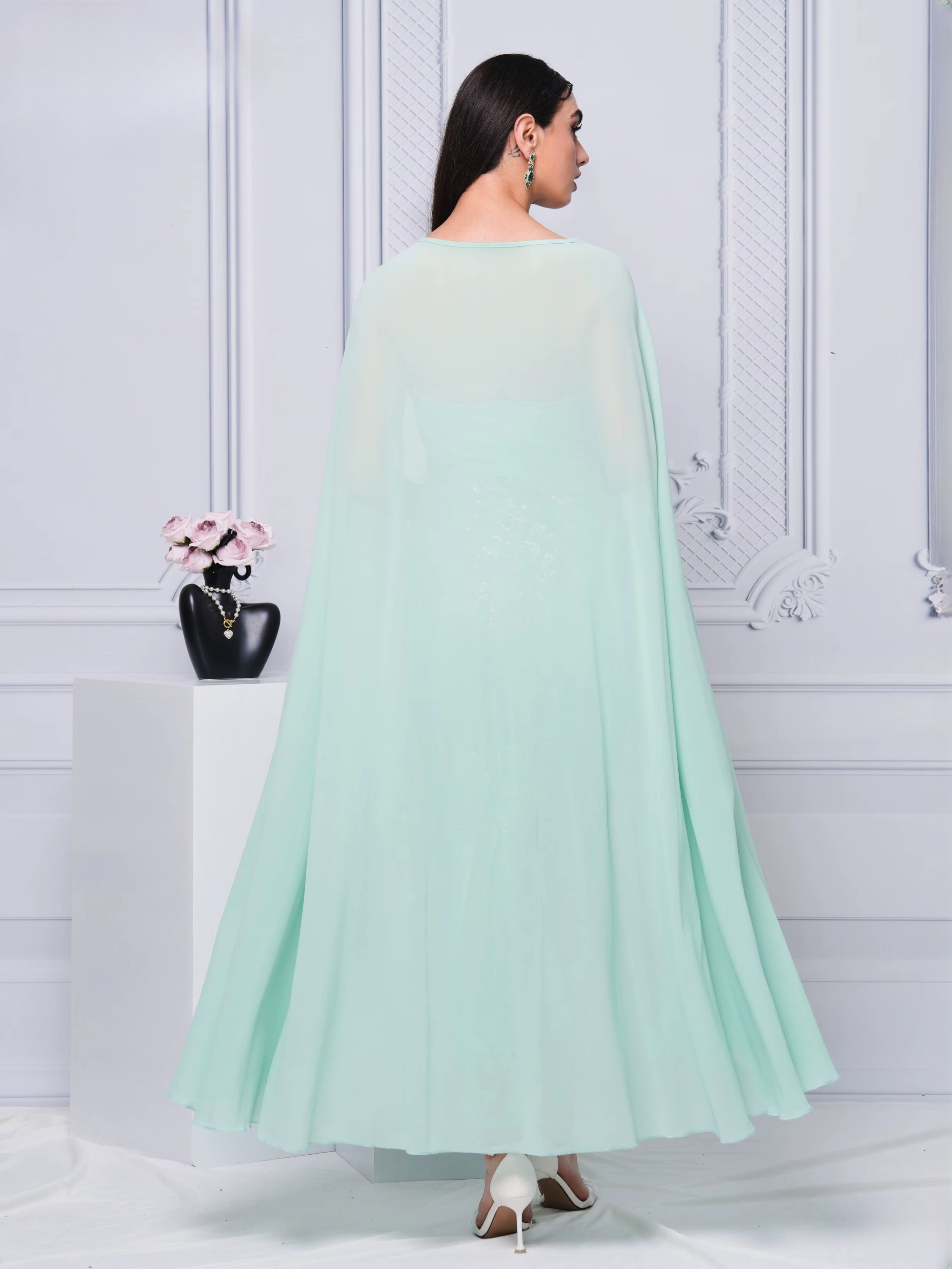 Elegant Beautiful Flowing Cape empire Waist Cocktail Prom Party Dress - Image 6