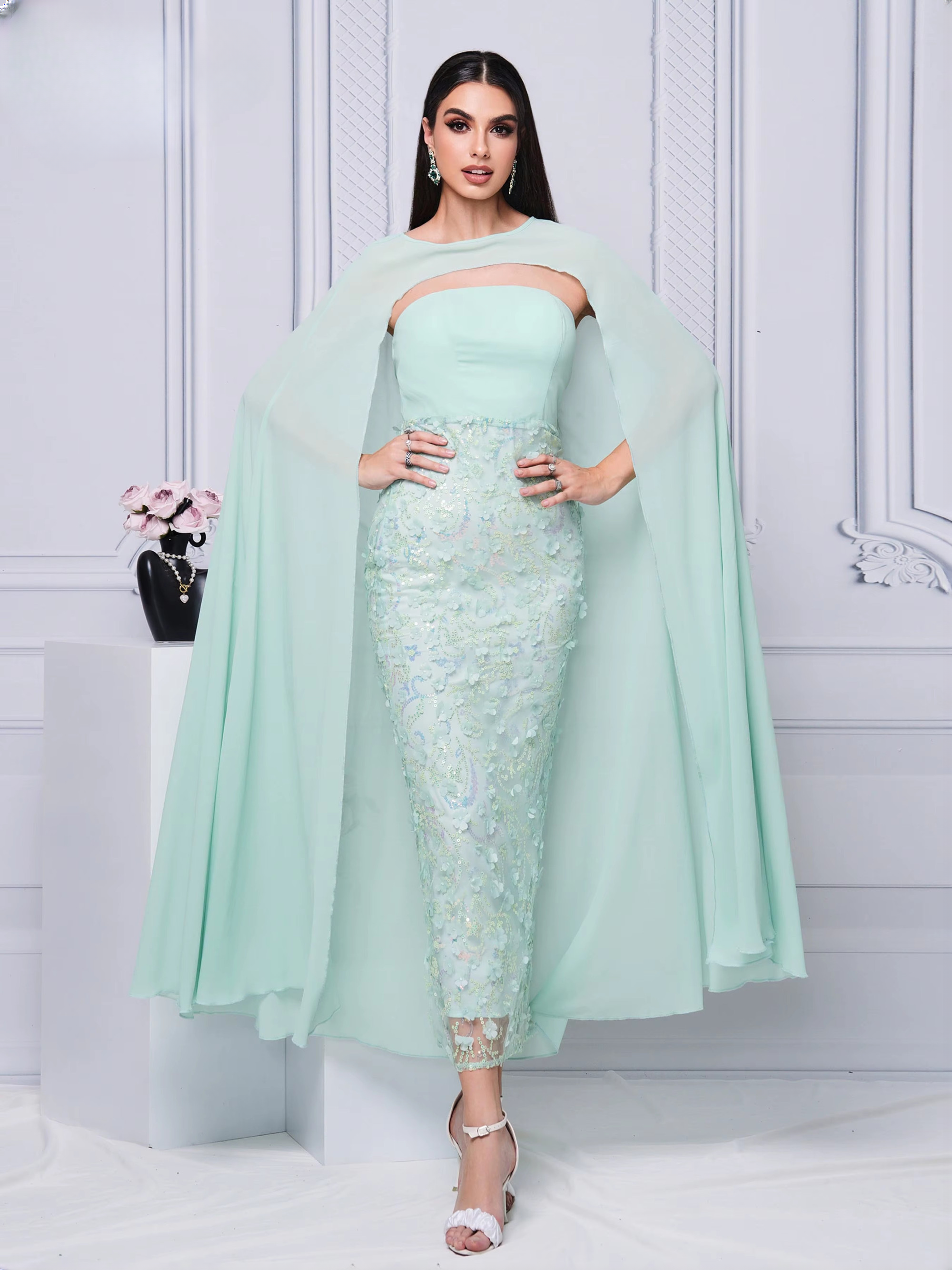 Elegant Beautiful Flowing Cape empire Waist Cocktail Prom Party Dress