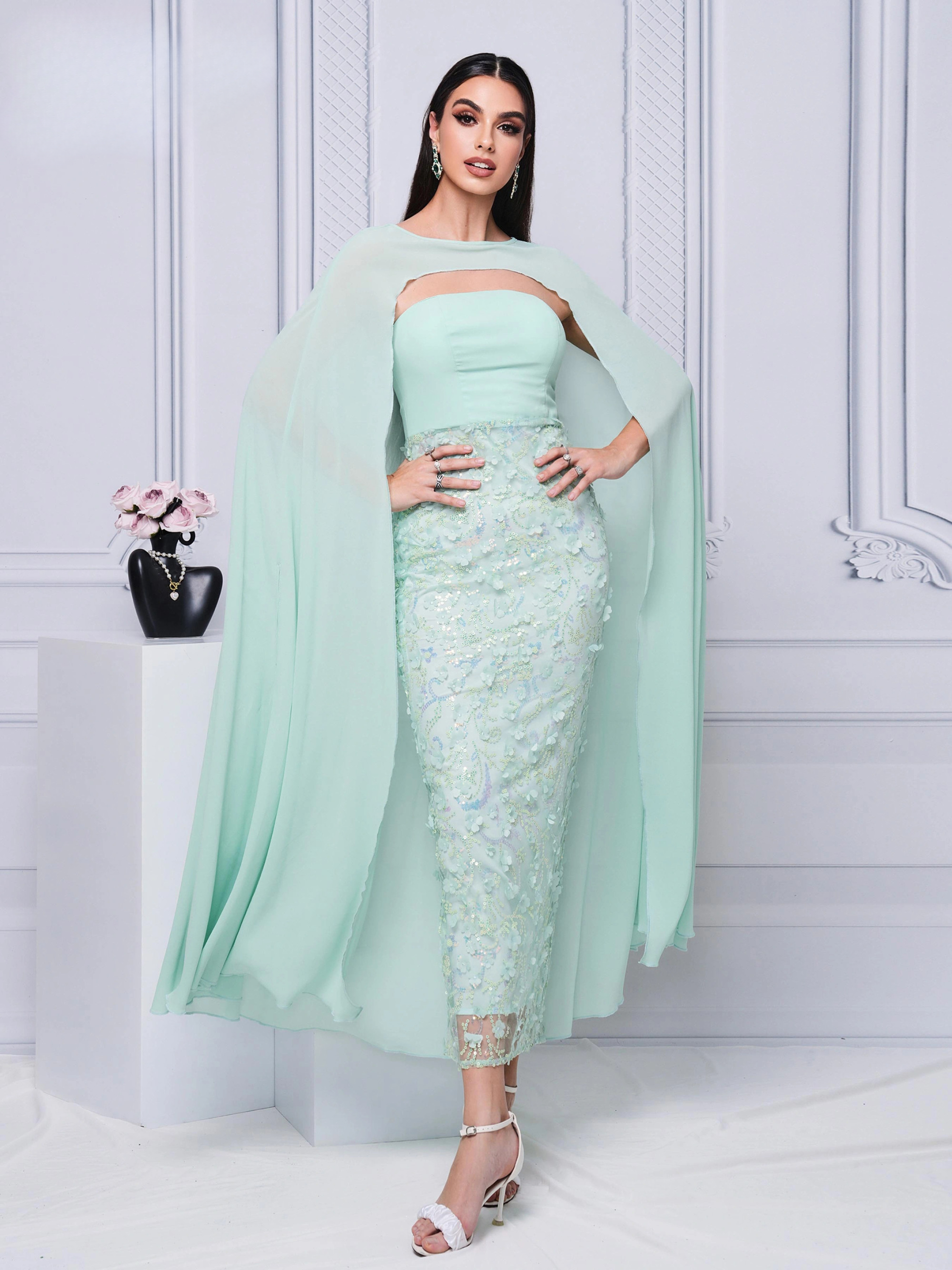 Elegant Beautiful Flowing Cape empire Waist Cocktail Prom Party Dress - Image 2