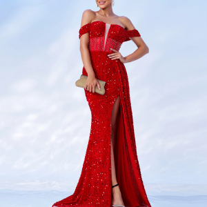 Elegant Beautiful Off Shoulder Draped Sequin Split Evening Party Graduation Dress