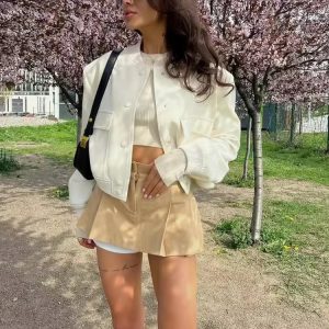 Elegant Button baseball aviator long sleeve crop outerwear cropped jackets