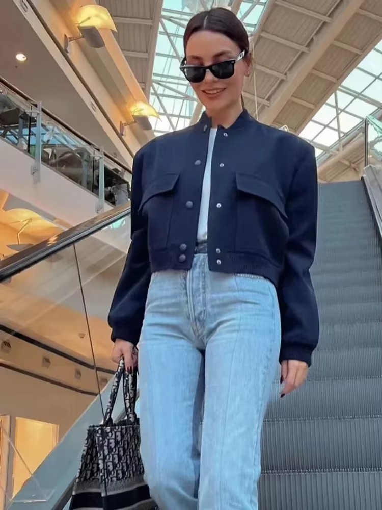 Elegant Button baseball aviator long sleeve crop outerwear cropped jackets - Image 10