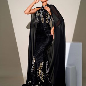 Elegant Cape Shawl Mesh Sequin Mermaid Evening Gown Wedding Birthday Chic Dress