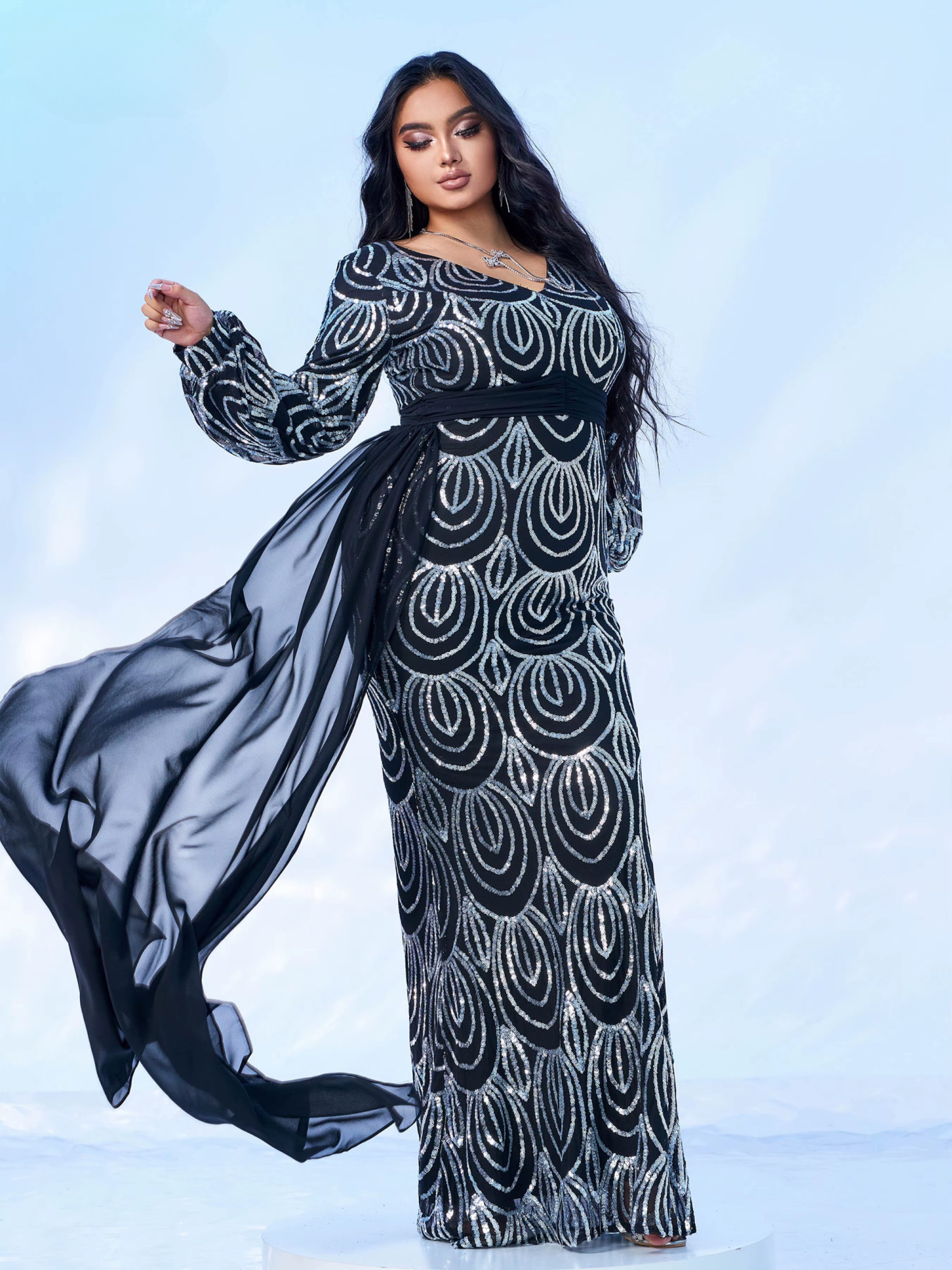 Elegant Draping V-Neck Sage Sequin Plus Size Maxi Dress - Image 4