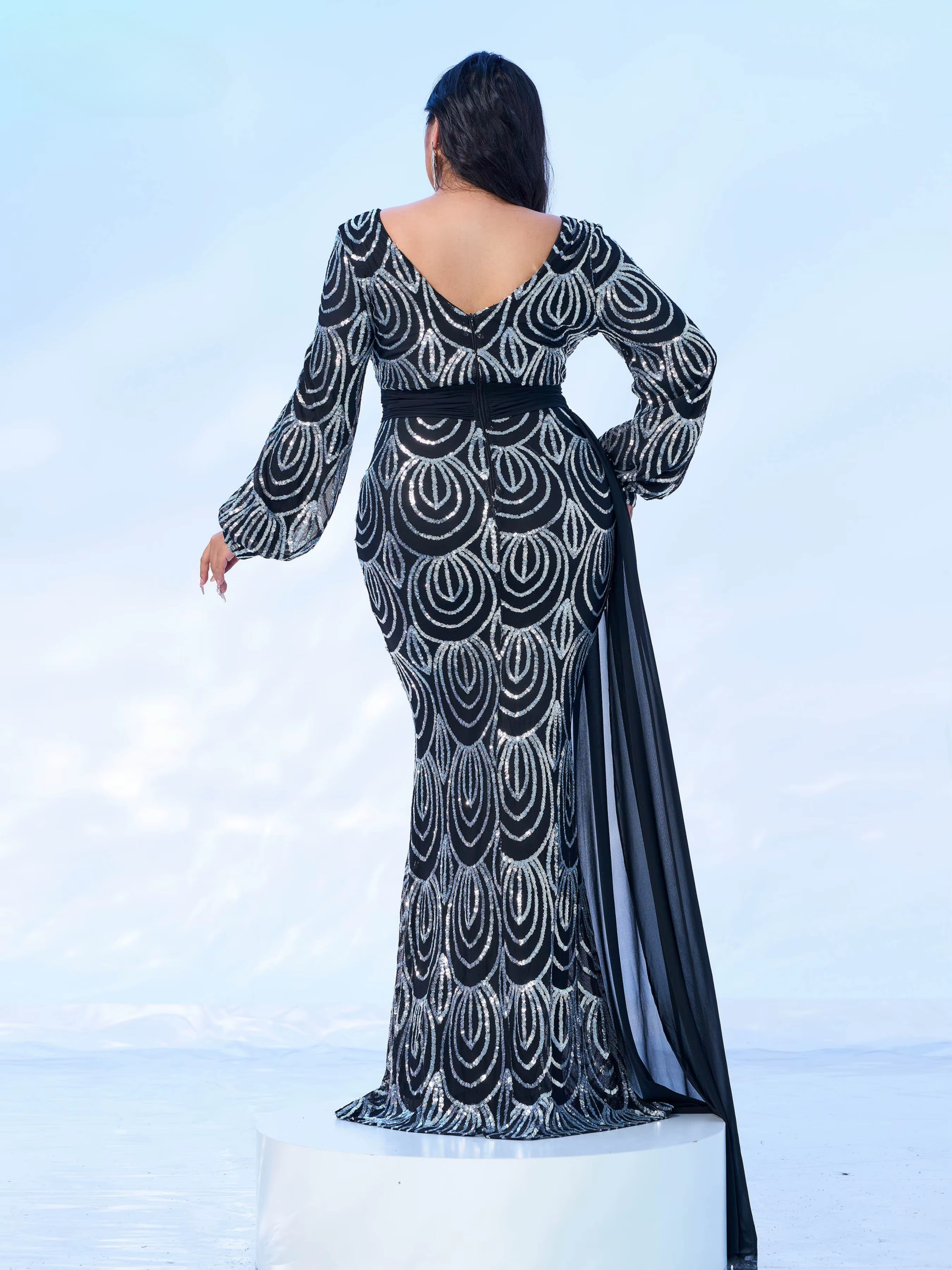 Elegant Draping V-Neck Sage Sequin Plus Size Maxi Dress - Image 7