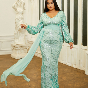 Elegant Draping V-Neck Sage Sequin Plus Size Maxi Dress