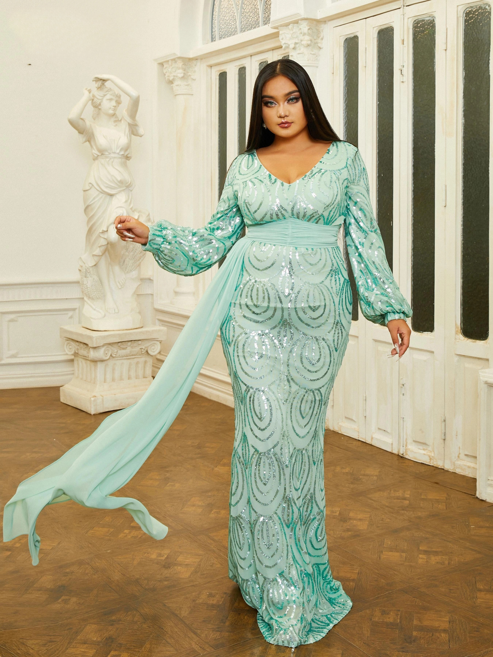 Elegant Draping V-Neck Sage Sequin Plus Size Maxi Dress