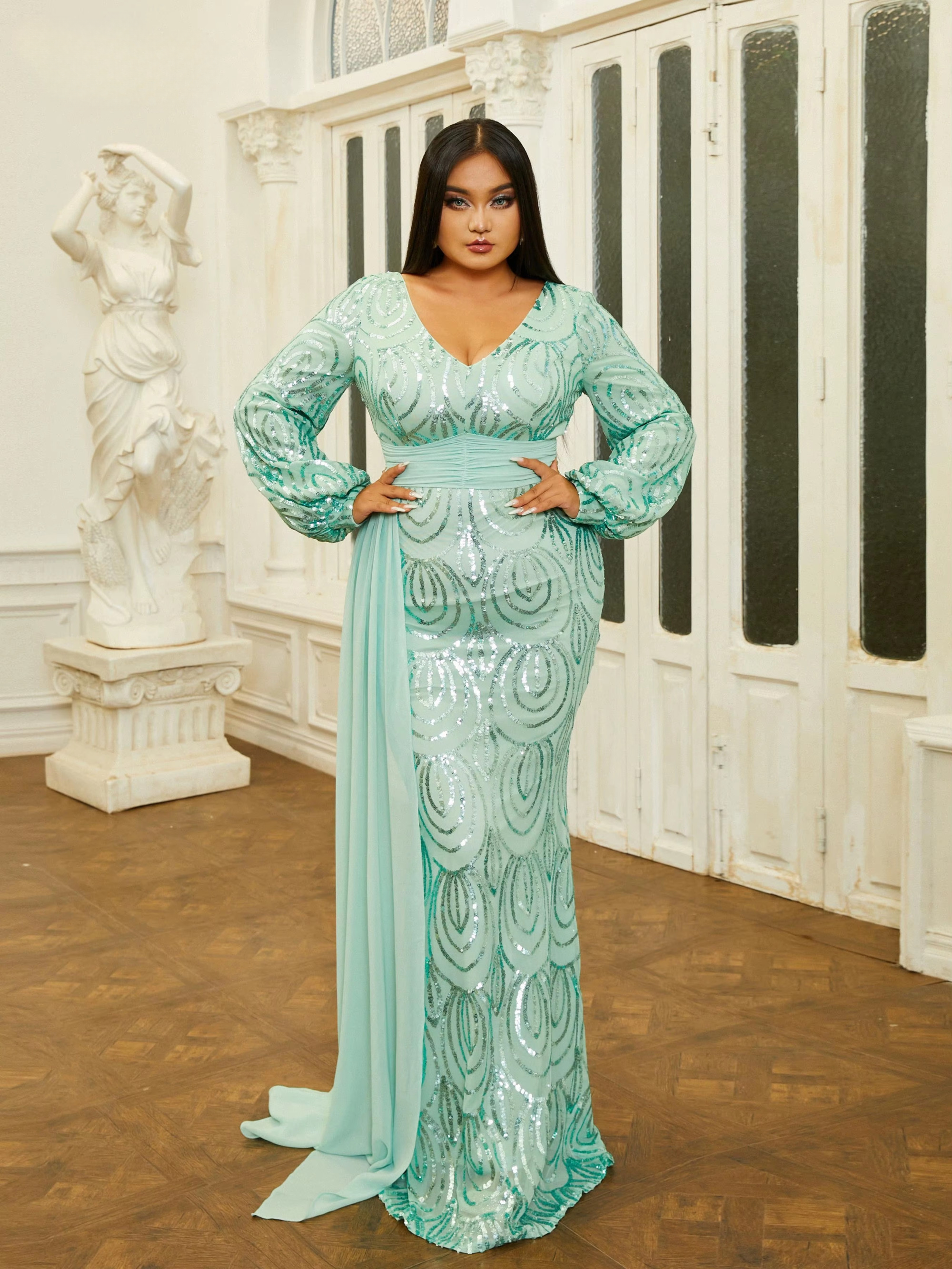 Elegant Draping V-Neck Sage Sequin Plus Size Maxi Dress - Image 3