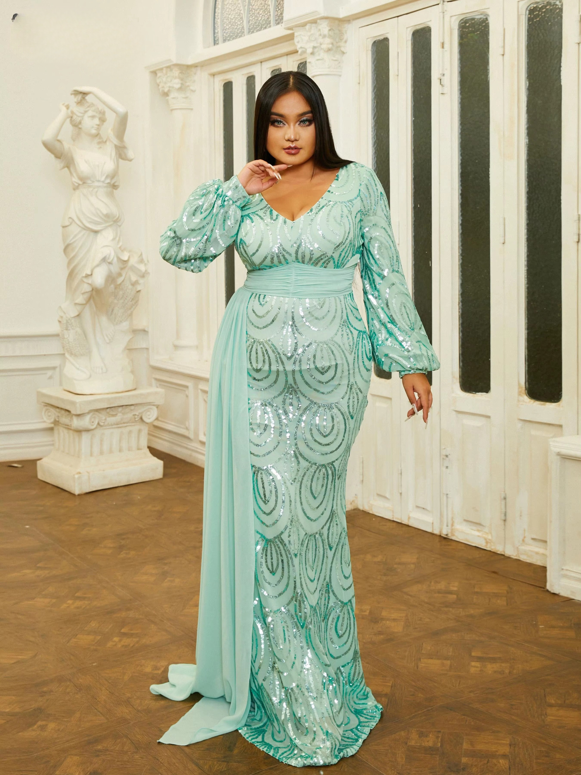 Elegant Draping V-Neck Sage Sequin Plus Size Maxi Dress - Image 2