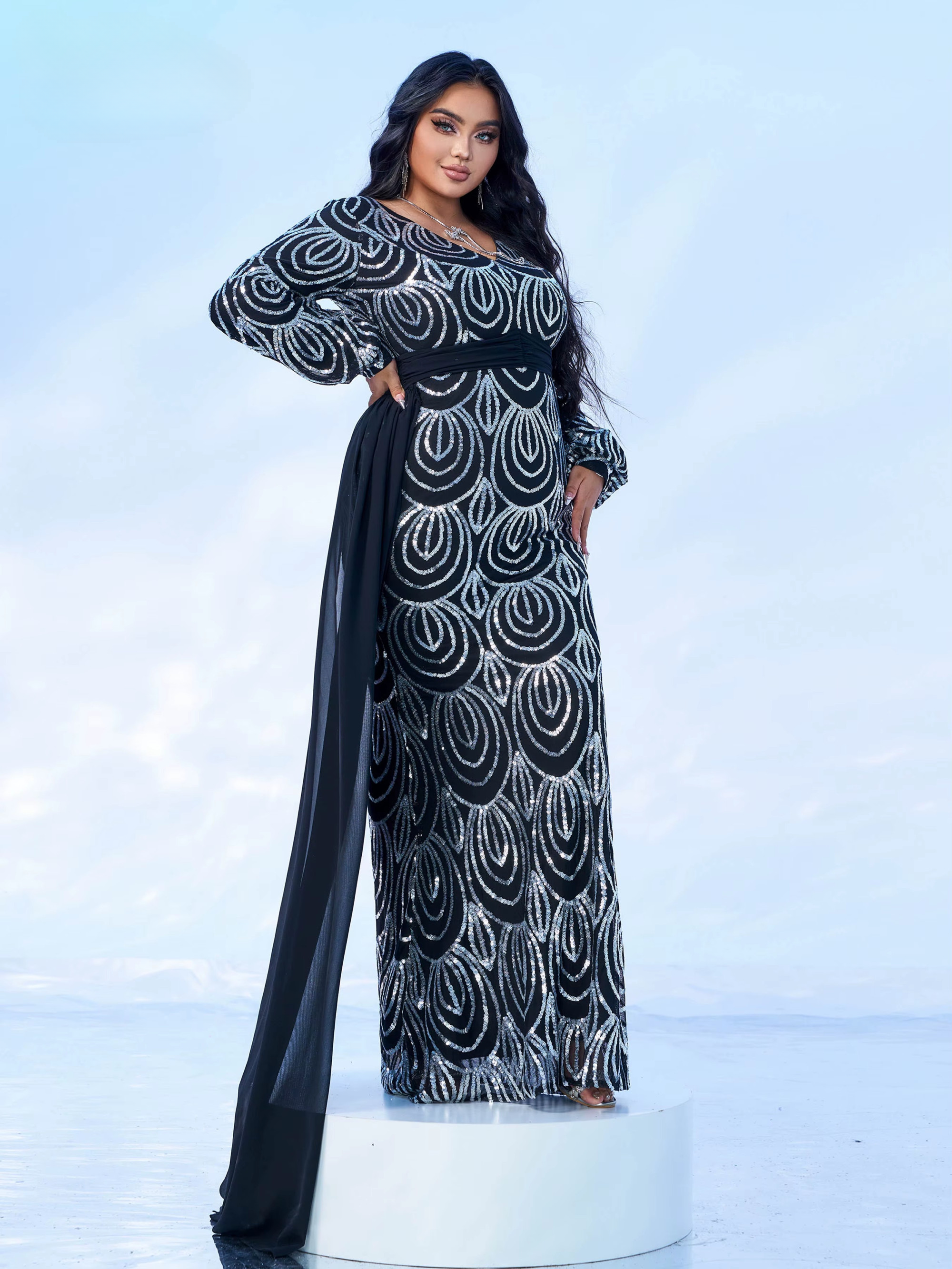 Elegant Draping V-Neck Sage Sequin Plus Size Maxi Dress - Image 6