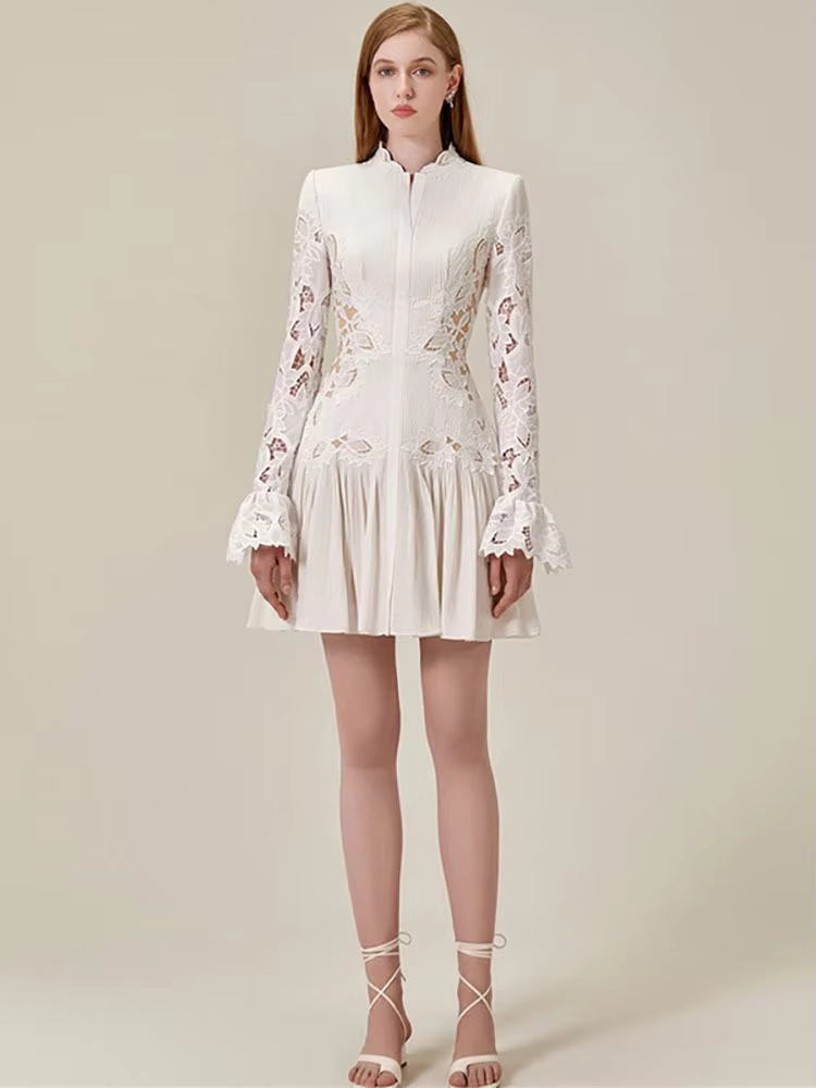 Elegant Embroider Pleated Hollow Out Flare Sleeve Lace Mini Dress