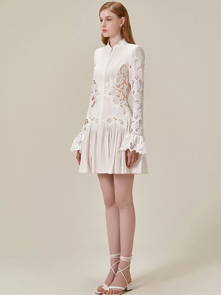 Elegant Embroider Pleated Hollow Out Flare Sleeve Lace Mini Dress - Image 2