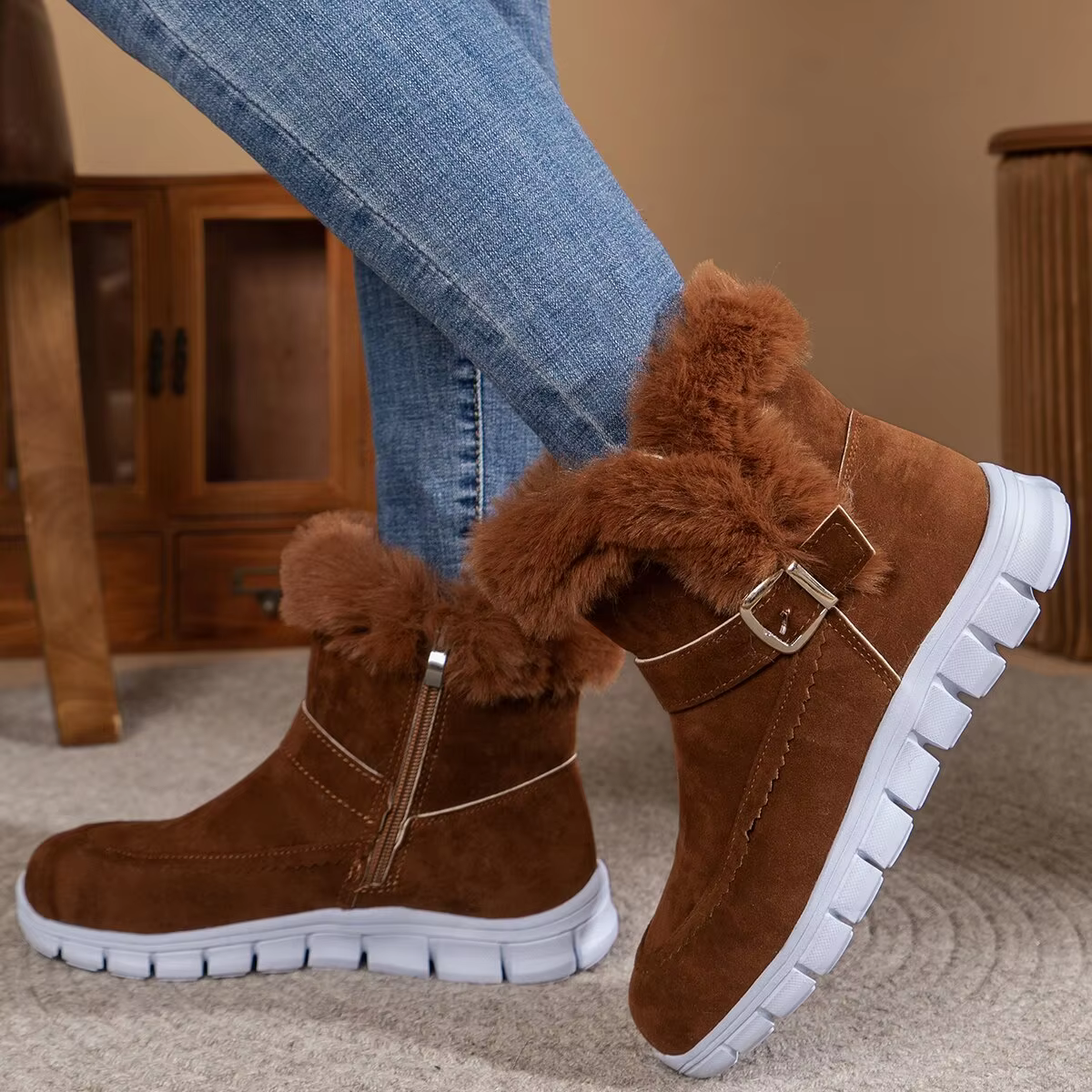 Elegant Faux Fur Plus Size Non-Slip Waterproof Mid-Calf Boots