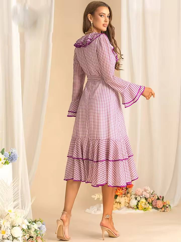 Elegant Flare Sleeved Ruffles Lace Up Slim Plaid Midi Dress - Image 6