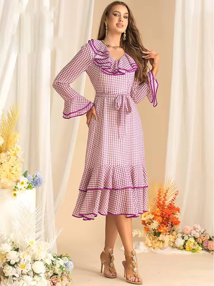 Elegant Flare Sleeved Ruffles Lace Up Slim Plaid Midi Dress - Image 4