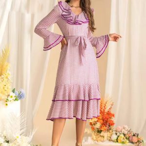Elegant Flare Sleeved Ruffles Lace Up Slim Plaid Midi Dress