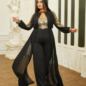 Elegant Round Neck Long Sleeved Sequin Plus Size Jumpsuit