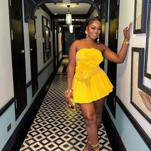 Elegant Flower Appliques Strapless High Waist Mini Dress