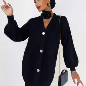 Elegant Front Button Polyester Long Sleeves V-Neck Cardigans Sweaters